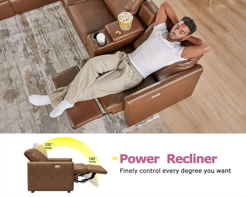 AMERLIFE Power Recliner, Reclining Sectional Sofa, Single Right Recliner Chair with USB Port, Leather Modular Sofa for Living Room
