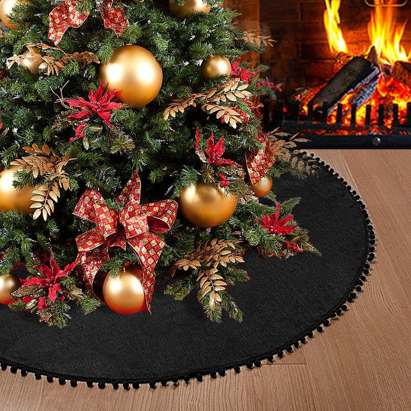 Christmas Tree Skirt, Black Christmas Tree Skirt 30 Inches Soft Double Layer Burlap Tree Skirt with Pom Pom for Rustic Christmas Halloween Decorations