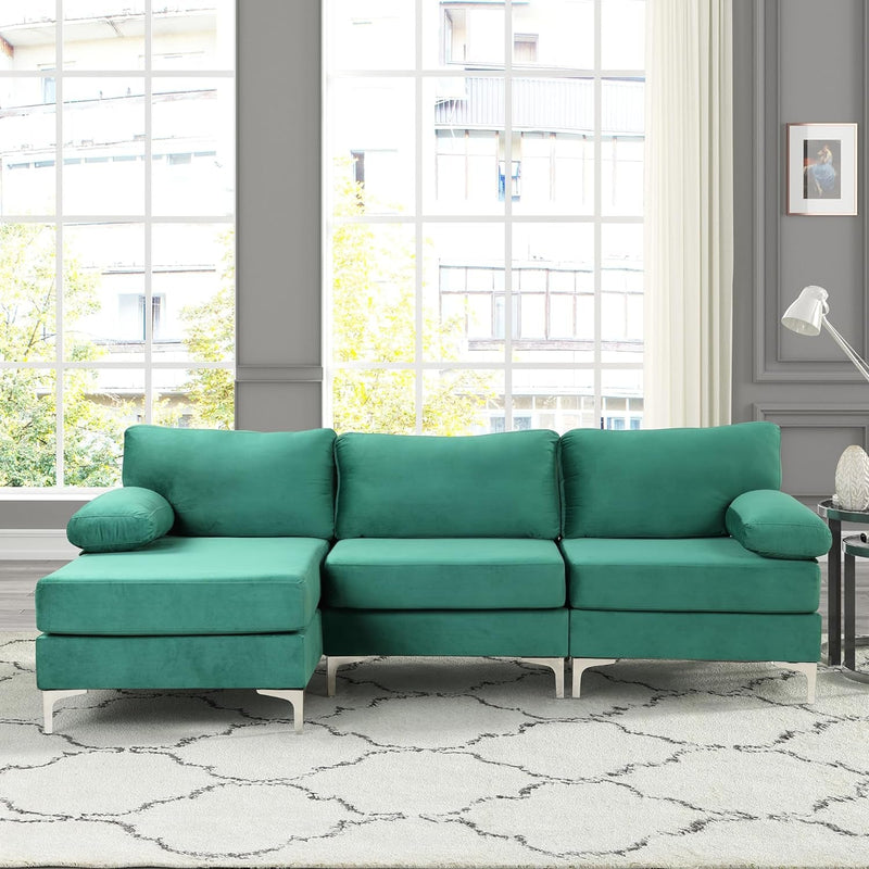 Casa Andrea Milano L-Shape Velvet Fabric Sectional Sofa Couch with Extra Wide Chaise, Couch for Living Room Apartment Lounge