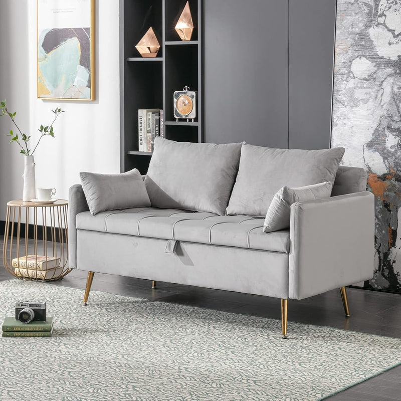 Chairus Velvet Loveseat Sofa Modern Button Tufted Small Couch with Storage Space & Throw Pillows 53" Sofa Couch 2 Seat Loveseat with Gold Tapered Metal Legs for Living Room/Bedroom/Lounge, Light Grey