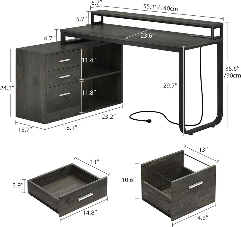 DWVO L Shaped Desk with Drawers, 55" Corner Computer Desk with Power Outlets & LED Lights, Home Office Desk with File Cabinet, Grey