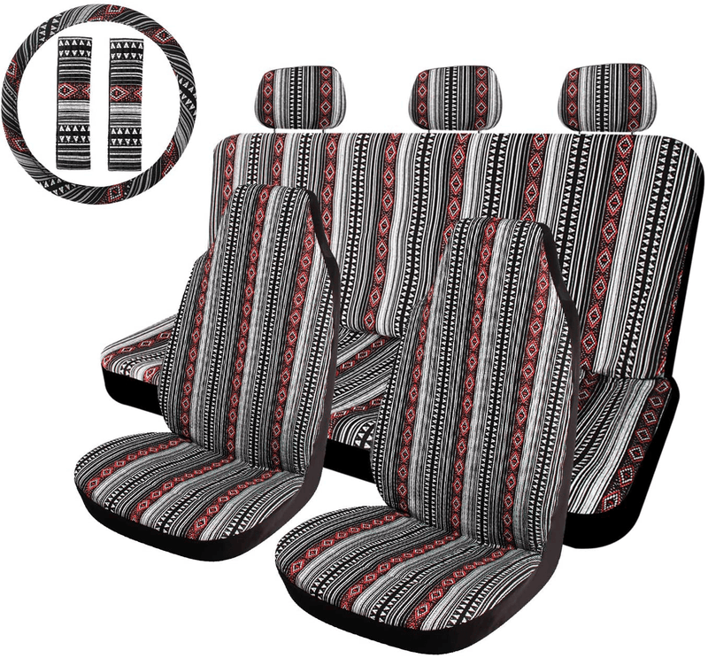 10pc Stripe Colorful Seat Cover Baja Blue Saddle Blanket Weave Universal Bucket Seat Cover with Steering Wheel Cover Front & Rear