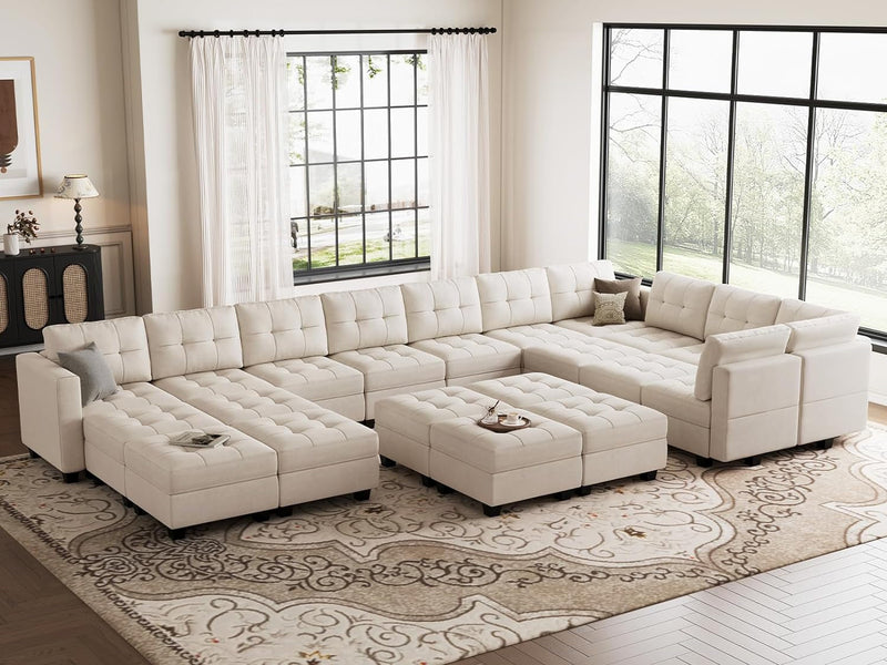 Belffin Modular Sectional Sleeper Sofa with Storage Velvet Fabric Sectional Couch with Chaise and Ottomans 6 Seat Modular Sofa Bed for Living Room Beige