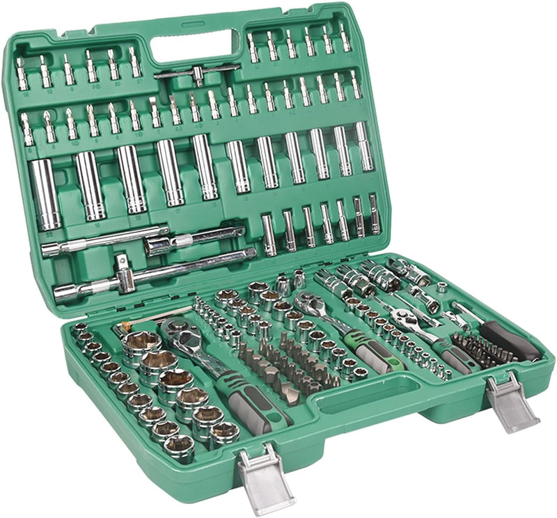 108Pcs 1/2" 1/4" Socket and Drive Tool Set Mechanics Tools Kit Sockets Ratchet Wrench Set Metric Drive Socket Set, 1/2" 1/4" Drive Sizes with Plastic Toolbox