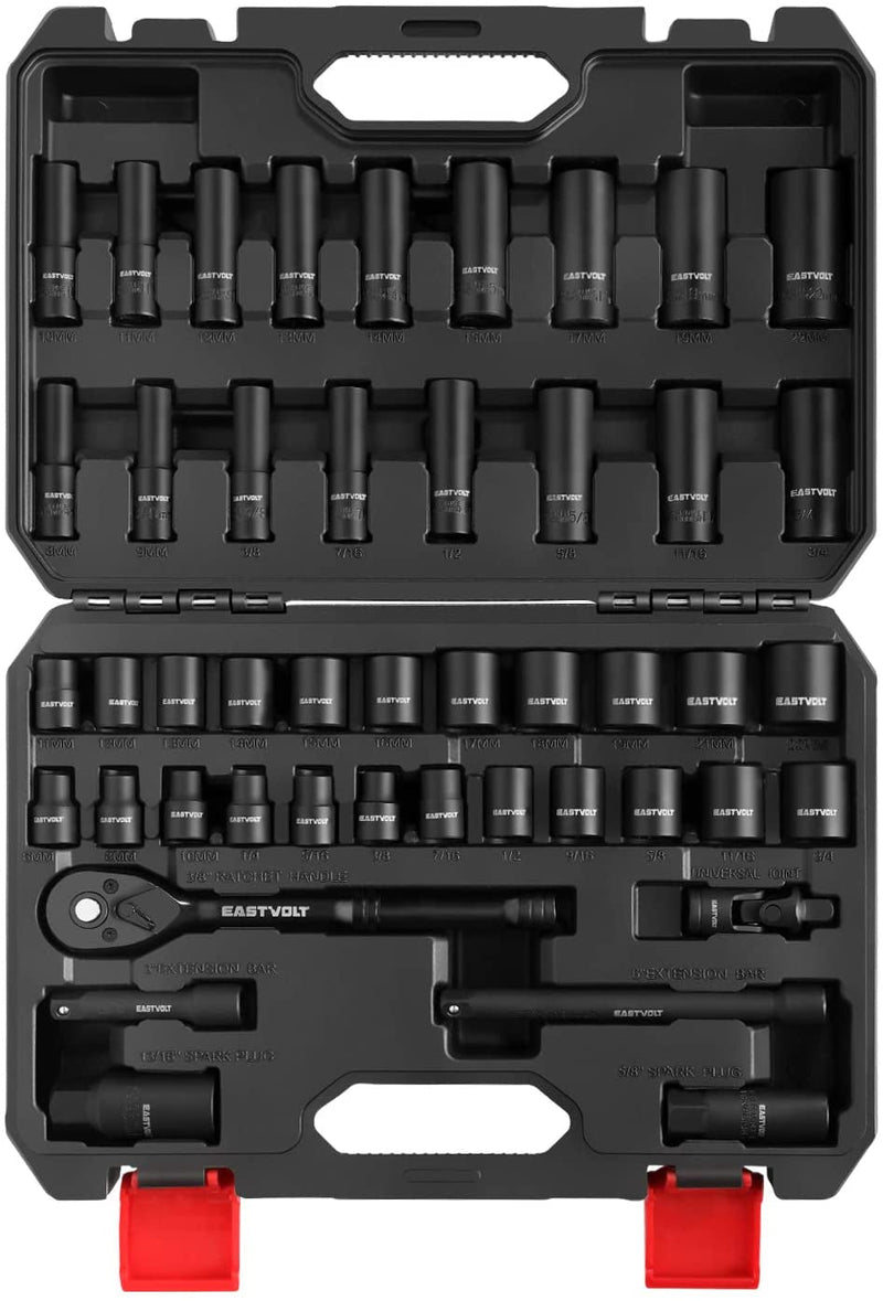 Eastvolt Mechanic Tool Kits, Drive Socket Set, 46 Pieces Socket Set with 72 Teeth Reversible Ratchet, Metric/Sae (ASK06)