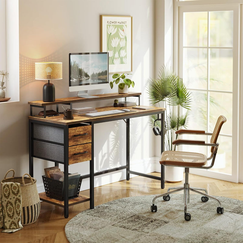 Cubicubi Computer Desk with Drawers, 47 Inch Reversible Office Desk with Monitor Stand and Storage Shelves, Work Writing Study Desk Table for Home, Rustic Brown