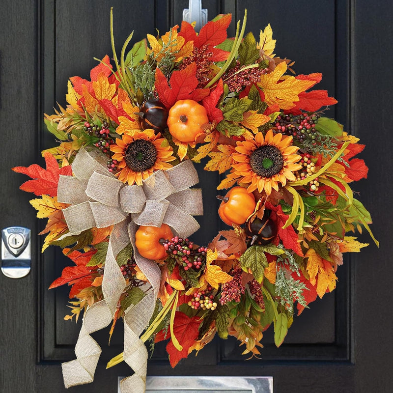 Fall Wreaths for Front Door, Sunflower Autumn Wreath, Pumpkins and Burlap Bows, for Halloween Christmas Farmhouse Indoor Outdoor Outside