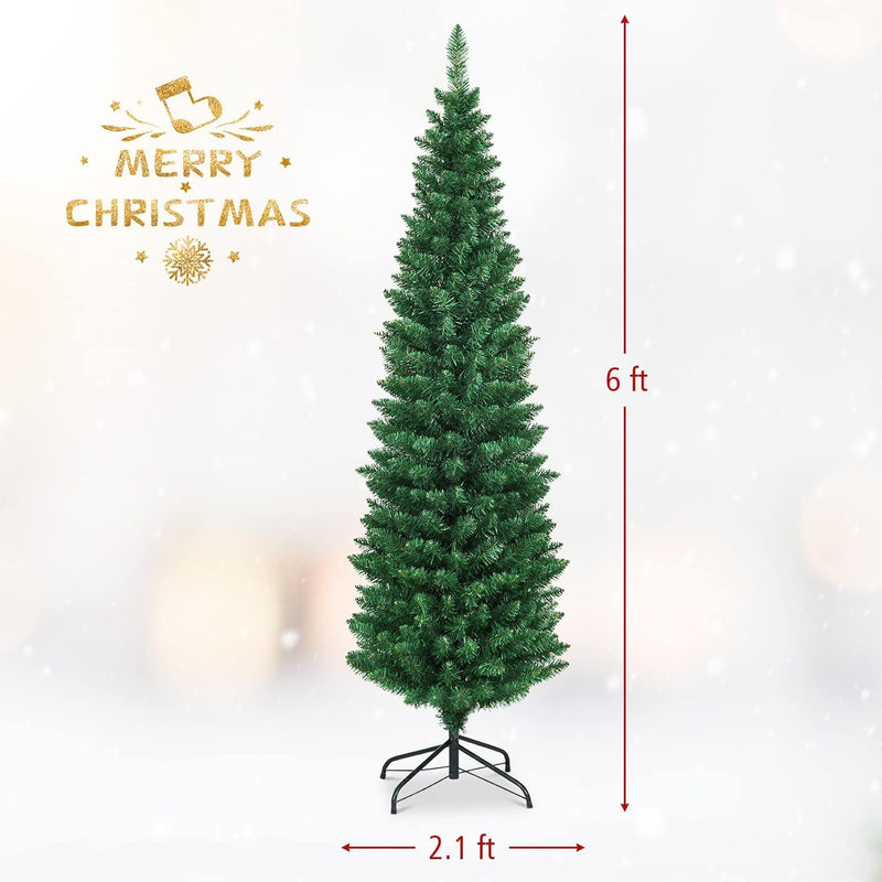 Artificial Pencil Christmas Tree, Premium Hinged Pine Tree with Solid Metal Legs, Perfect for Home, Shops and Holiday Decoration, Green (6FT)