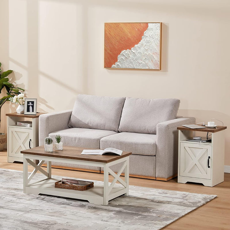 AMERLIFE 3-Piece Farmhouse Table Set Includes Coffee Table& Two End Tables, Side Table with Charging Station and USB Ports, for Living Room, Bedroom, Distressed White