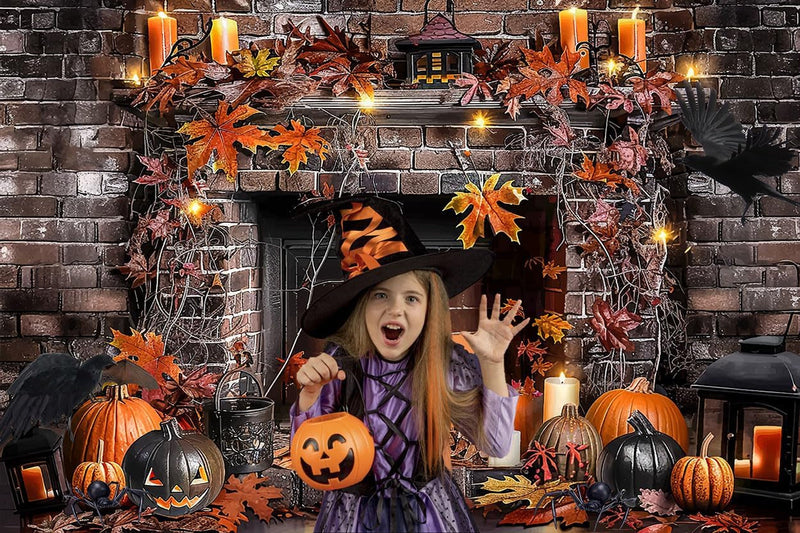 10X8Ft Halloween Fireplace Backdrops Photography Fall Fireplace Stone Brick Floor Skulls Hallowmas Wall Background Halloween Photo Decorations Studio Props