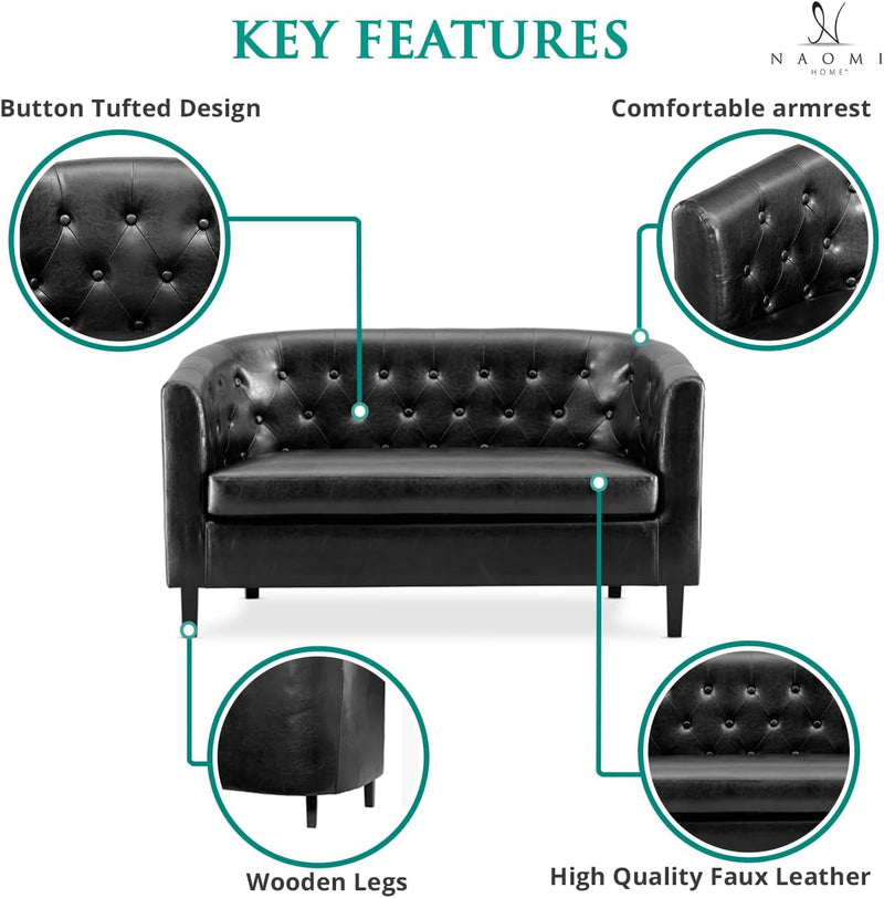 Barrel Love Seat, Button Tufted Faux Leather Barrel Loveseat Sofas, Midcentury Modern 2 Seater Sofa Couch, Small Loveseats for Small Spaces, Bedrooms, Love Seats Couches for Living Room - Black