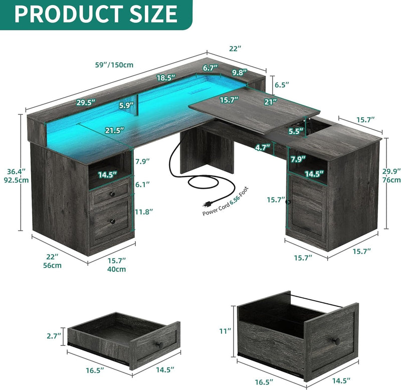 DWVO L Shaped Desk with Drawers, 60” Corner Computer Desk with Power Outlets & Lift Top, Home Office Desk with Storage Cabinet & LED Lights, Wood Desk, Height Adjustable Desk, Grey