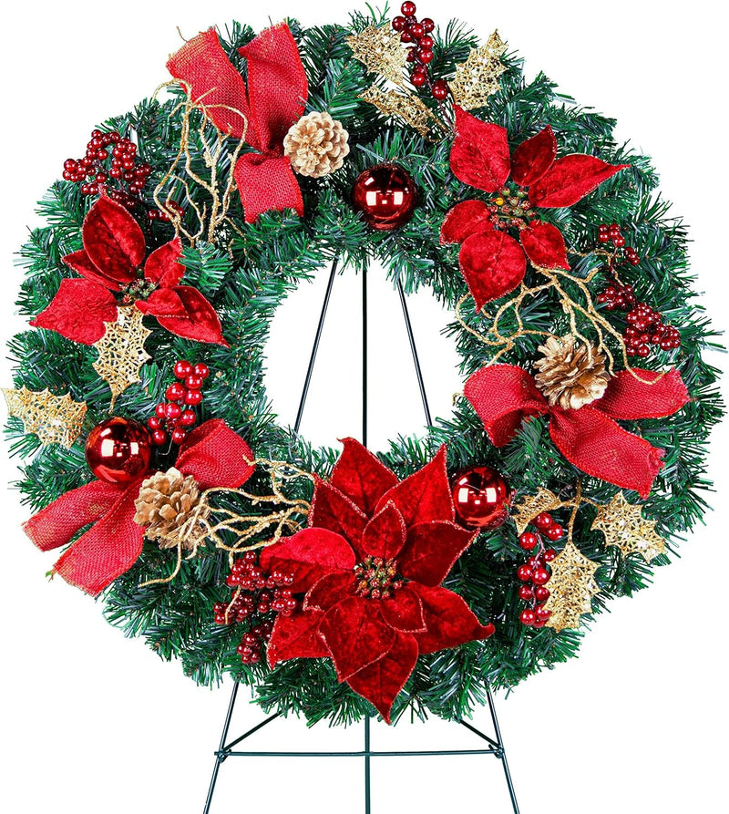 Christmas Wreath - Outdoor Christmas Decoration - 24 Inch Wreath with Frosted Red Poinsettia and Red Ornaments on 30 Inch Easel