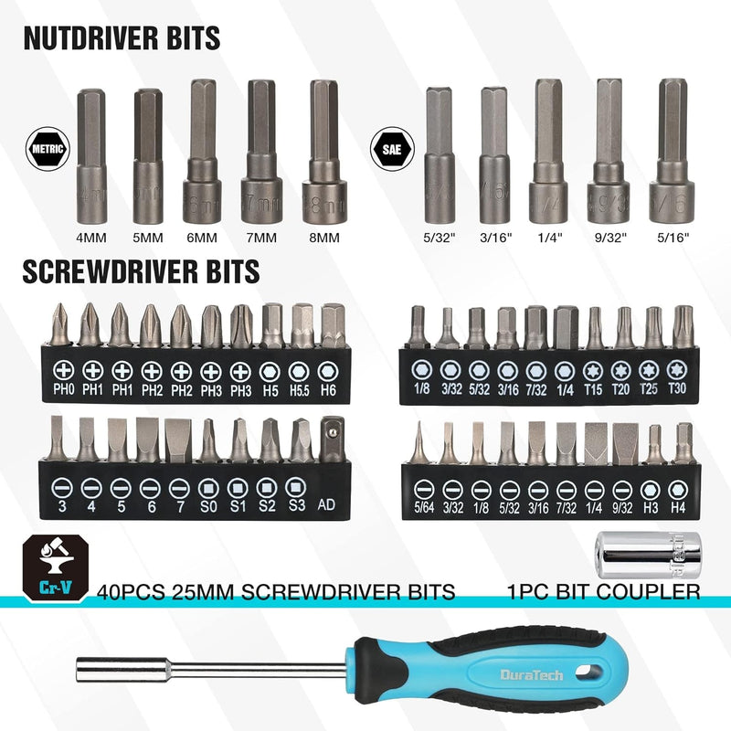 DURATECH 121-Piece Mechanics Tool Kits, Include Sae/Metric Sockets Set, 72-Tooth Drive Ratchet, 40-In-1 Magnetic Screwdriver, and Hex Keys with Carrying Tool Box for Auto Repair