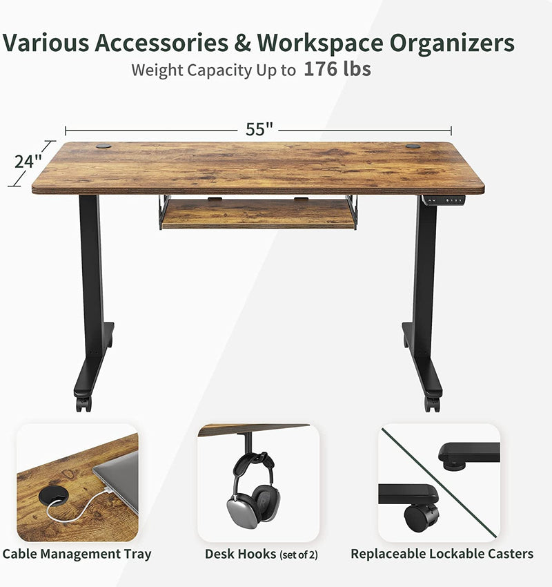 FEZIBO Standing Desk with Keyboard Tray, 55 × 24 Inches Electric Height Adjustable Desk, Sit Stand up Desk, Computer Office Desk, Rustic Brown