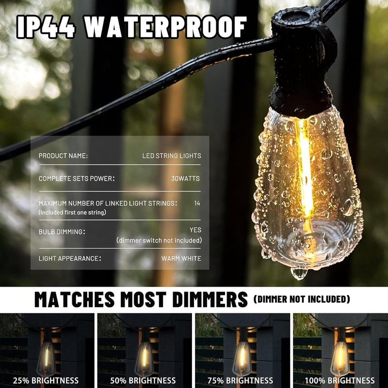 100FT LED Outdoor String Lights, Patio Deck Lights with 50+4 Shatterproof ST38 Edison Bulbs, Dimmable Warm White Waterproof outside Hanging Lights Connectable for Yard Backyard Porch Garden