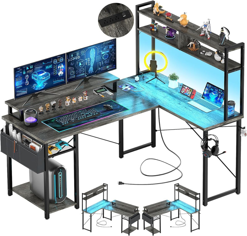 Aheaplus Small L Shaped Gaming Desk with LED Lights & Power Outlets, Reversible L-Shaped Computer Desk with Monitor Stand & Storage Shelf, Corner Desks Home Office Desk with Storage Bag, Black