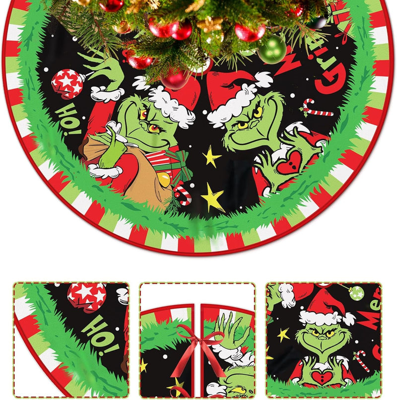 Christmas Tree Skirt 48 Inches, Red and Green Christmas Tree Collar Soft Farmhouse Xmas Tree Skirt with Christmas Monster Design for Holiday Party Decorations