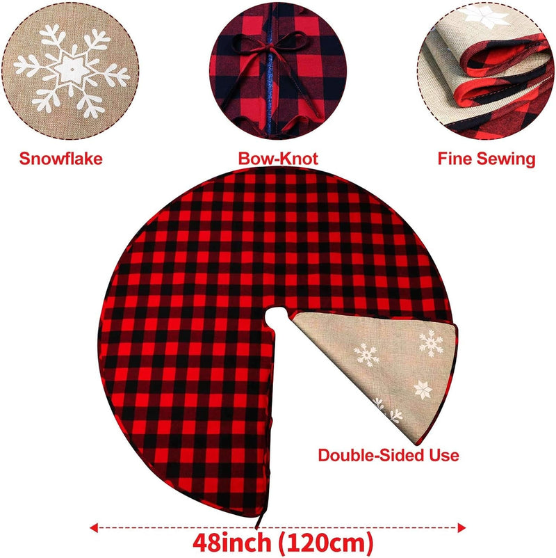 Aerwo Christmas Tree Skirt 48 Inch Red and Black Buffalo Plaid Tree Skirt, Double Sided Burlap Snowflake Tree Skirt Buffalo Check Xmas Tree Skirt for Rustic Christmas Holiday Decorations