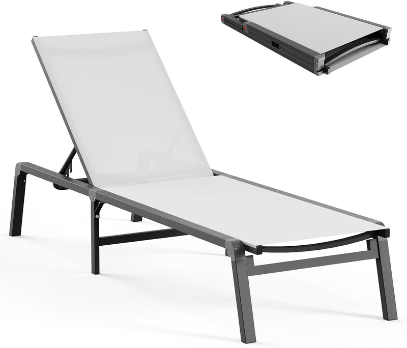 Aluminum Chaise Lounge Ourdoor - Foldable & Assemble Free Outdoor Lounge Chair with 5 Adjustable Backrest, Patio Lounge Chair for outside Poolside Beach Pool, Black