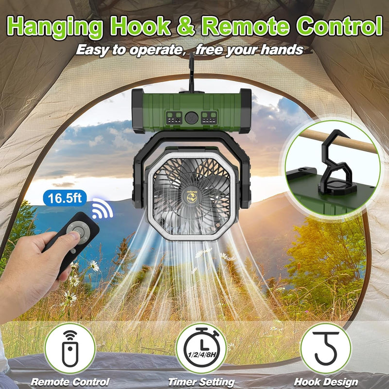 20000Mah Rechargeable Portable Camping Fan, USB Battery Operated Powered Shaking Head Fan with LED Lantern, 4 Speed 4 Timing Outdoor Tent Fan for Camping with Remote & Hook for Fishing,Travel, Jobsite