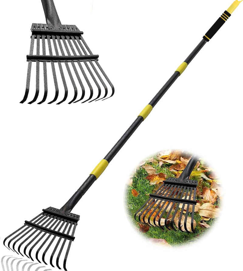 Garden Leaf Rakes, 6FT Rakes for Lawns Heavy Duty 11 Metal Tines 9 Inch Wide, Adjustable Long Steel Handle, Small Shrub Rake, Gathering Leaves (Black)