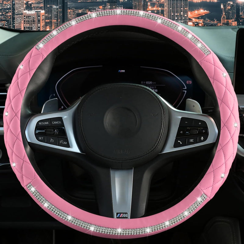 Diamond Steering Wheel Cover，With Bling Crystal Rhinestone, Delicate and Anti-Slip Sparkly Sedan Steering Wheel Cover ，Adaptable to 14.5-15 Inches Car Wheel Protector for Women Girl