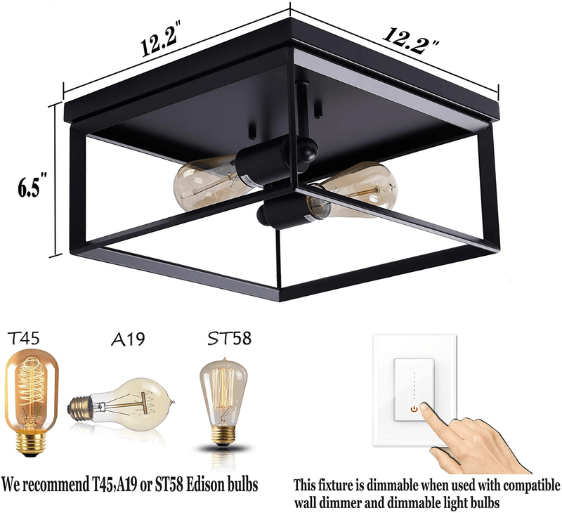 12 Inch Industrial Flush Mount Ceiling Light Fixture,2-Light Caged Square Ceiling Lamp,Modern Farmhouse Style for Hallway,Living Room,Bedroom, Kitchen, Porch,Laundry Room Black Finish Home & Garden > Lighting > Lighting Fixtures > Ceiling Light Fixtures KOL DEALS   
