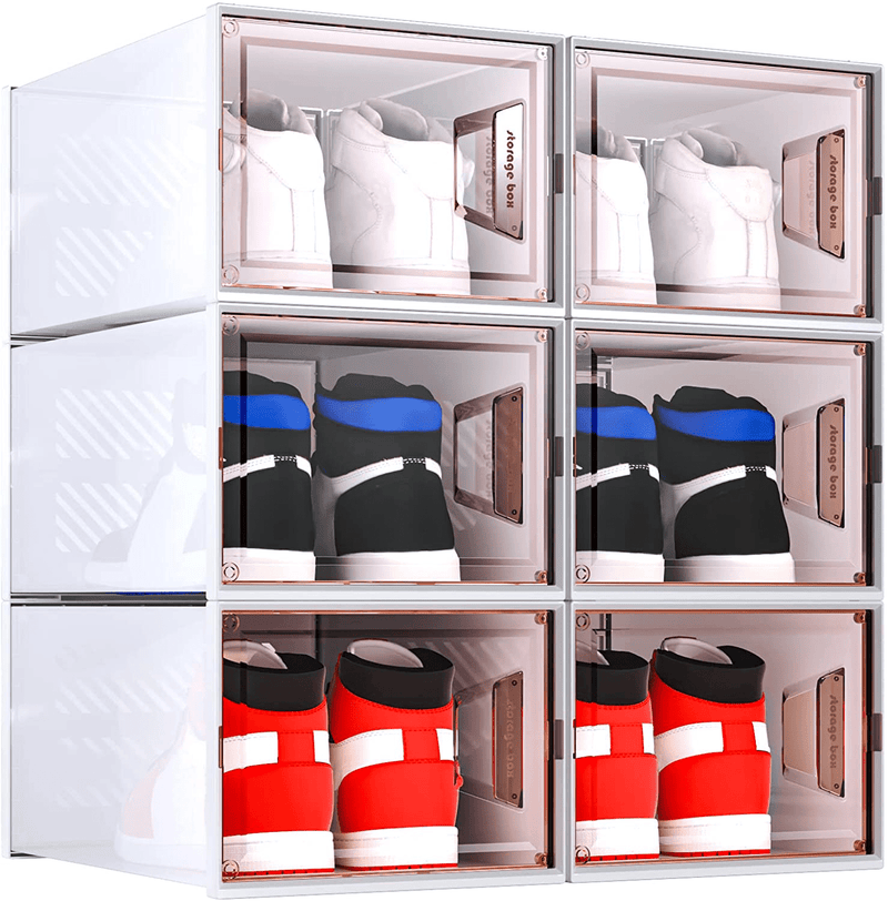 12 Pack XL Shoe Storage Boxes,Sneaker Shoe Box Clear Plastic Stackable,Space Saving Shoe Organizer for Closet,Foldable Shoe Holder with Lids Containers Bins,Fit up to Size 14 (12-PACK, X-Large Clear)