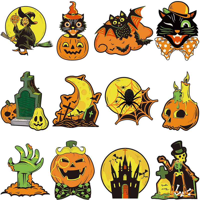 12 Pieces Vintage Halloween Decorations，Halloween Cutouts Classic Artwork Cutouts Pumpkin Witch Owl Cutouts Old Style Wall Art Cutout Halloween Posters for Halloween Window Wall Home Decor Supplies Arts & Entertainment > Party & Celebration > Party Supplies Containlol Default Title  
