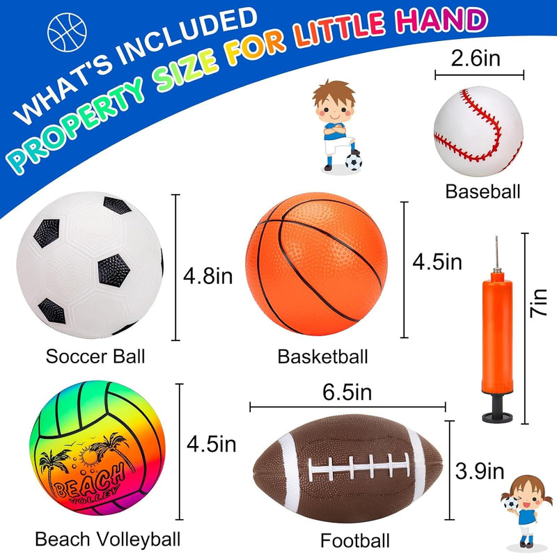 5 Pack Sports Balls Set for Kids with Bag Includes Football Soccer Basketball Baseball Volleyball Fun Indoor Outdoor Toys Sport Soft Bouncy Playground Kickball Hand Pump Toddler 1-3 2-4 3-5 5-7 Gifts