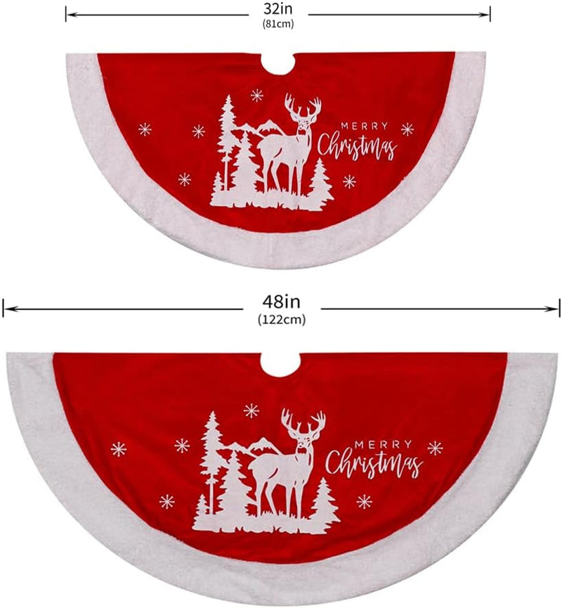 Christmas Tree Skirt, 32 Inch Red Velvet Tree Skirt with Embroidered Reindeer Moose Snowflakes White Trim Border, Holiday Party Tree Decorations