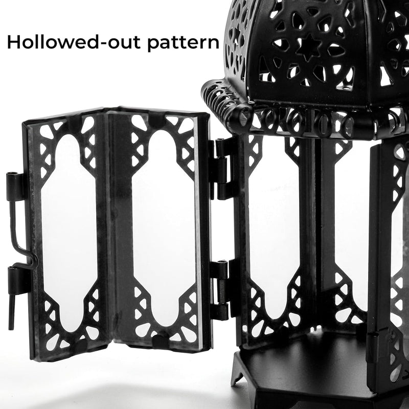2 Pack Moroccan Style Candle Lantern, Small Tealight Candle Holder with Transparent Glass Panels, 6 Inch Hanging Lantern Outdoor for Ramadan, Halloween Decorative Metal Lamp for Patio, Weddings