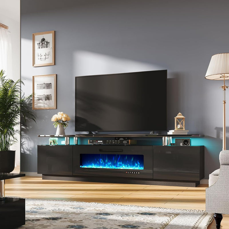 AMERLIFE Fireplace TV Stand with 36" Fireplace, 70" Modern High Gloss Fireplace Entertainment Center LED Lights, 2 Tier TV Console Cabinet for Tvs up to 80", Cement Grey