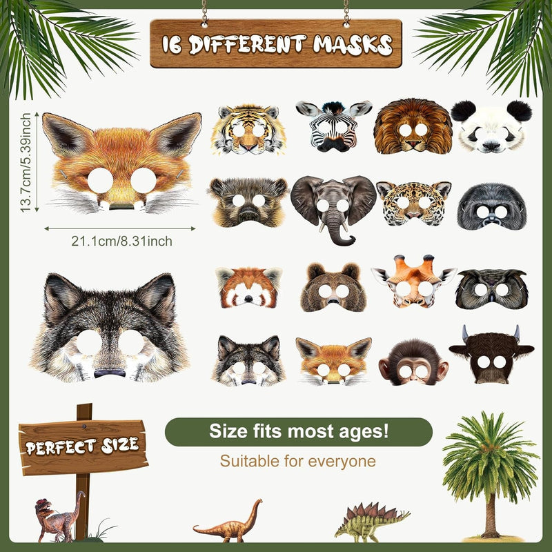 Blulu 16 Pieces Animal Face Masks Jungle Animal Paper Masks Forest Animals Cartoon Masks Zoo Animal Face Masks Woodland Party Favors for Safari Animal Theme Birthday