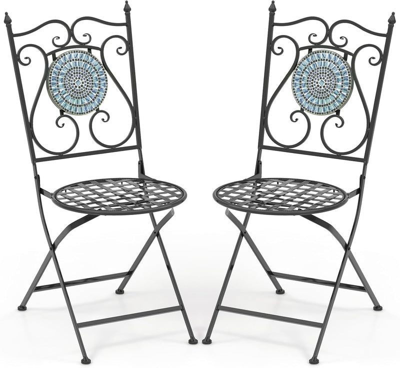 Giantex Set of 2 Patio Folding Chairs, Mosaic Bistro Chairs W/Backrest & round Seat, Heavy-Duty Metal Frame, 330Lbs Capacity, Outdoor Chairs for Porch Balcony Lawn