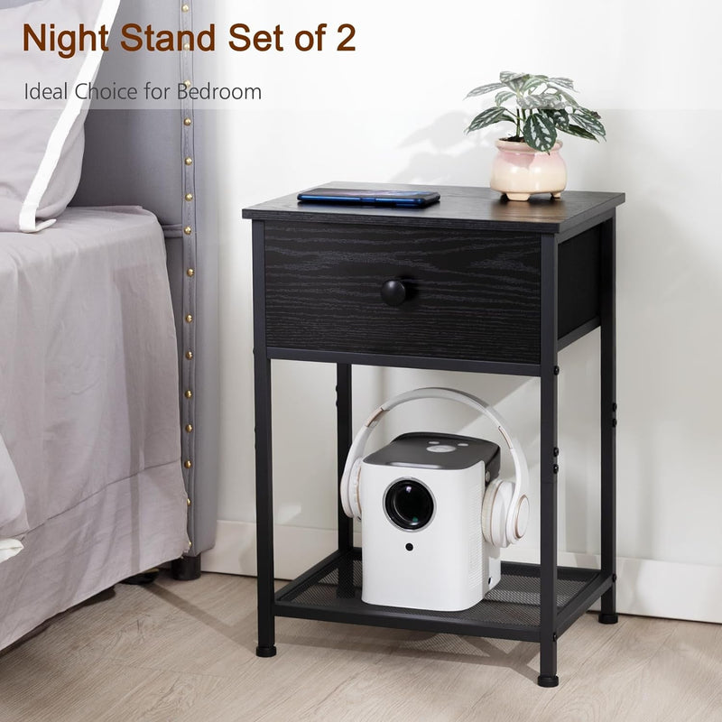 AMHANCIBLE Night Stand Set 2, Black Nightstand with Fabric Drawer, Industrial End Tables Living Room with Storage Shelf, Slim Bedside Table for Bedroom, Small Spaces, HET03SDBK