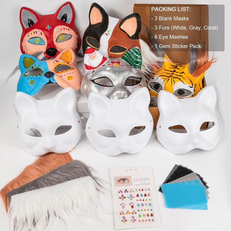 Cat Fox Mask 3PCS with Furs Eye Meshes and Gem Stickers, Therian Dress up Masks to Paint, Animal Mask Arts Crafts Kit, Costume Masks for Halloween Masquerade Cosplay Party Interaction