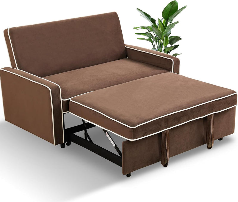 3 in 1 Convertible Sleeper Sofa Bed Pull Out Couch Futon Loveseat Velvet Chaise Lounge with 2 Pockets and 2 Pillows for Living Room, Coffee