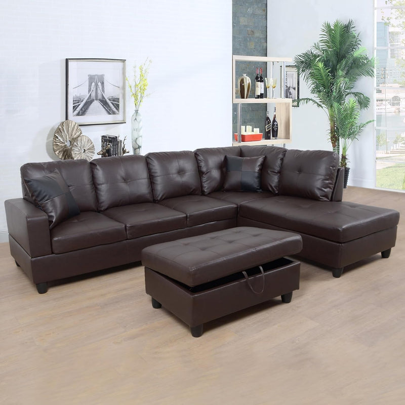 103 Inch L Shape 3 Piece Sectional Sofa Set, Upholstered Corner Couch with Storage Ottoman & Right Chaise Lounge, Faux Leather Tufted Cushions, for Living Room, Apartment, Brown