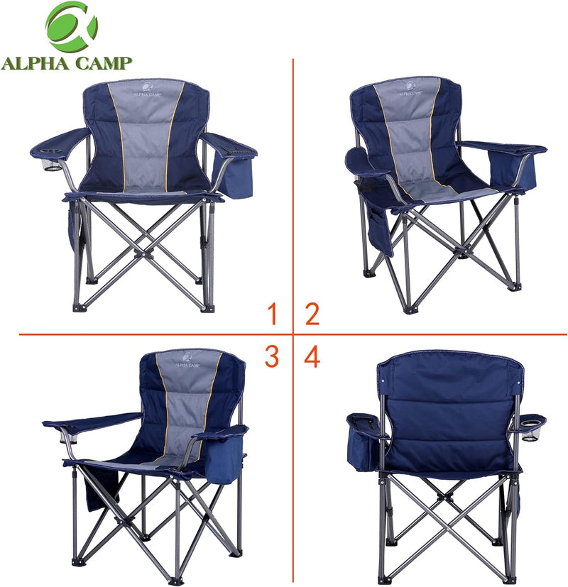 ALPHA CAMP Oversized Camping Folding Chair Heavy Duty with Cooler Bag Support 450 LBS Steel Frame Collapsible Padded Arm Quad Lumbar Back Chair Portable for Lawn Outdoor,Blue,1Pc