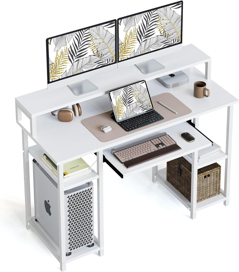 Cubicubi 47 Inch Computer Desk with Storage Shelves Monitor Stand Keyboard Tray, Home Office Desk, Study Writing Table, White