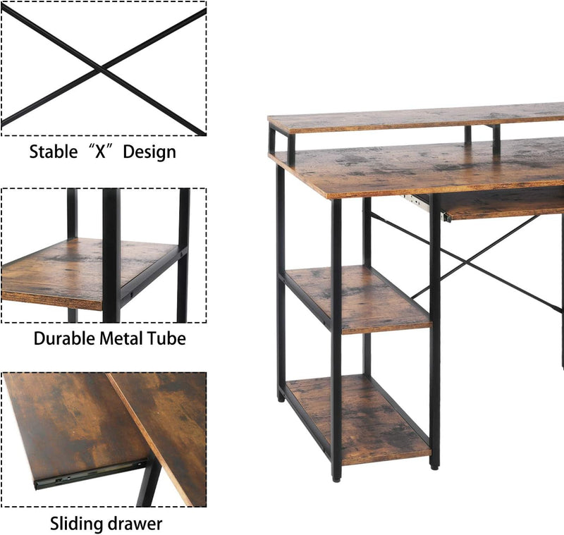 Computer Desk with Keyboard Tay, Industrial Home Office Desk with Hutch/A 2-Tie Bookshelf/Cpu Stand/Monitor Stand, Study Desk for Small Space,Pc Laptop Table Workstation, Saving Space