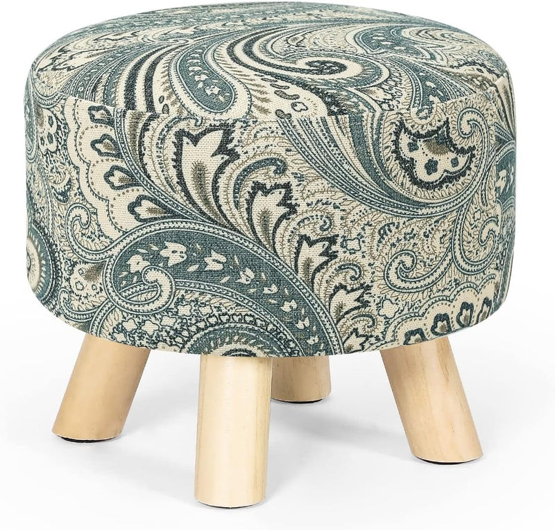 Asense Small round Ottoman Foot Rest Stool Fabric Padded Seat Footstool Ottoman with Non-Skid Wooden Legs (Beige Grey,Fabric)