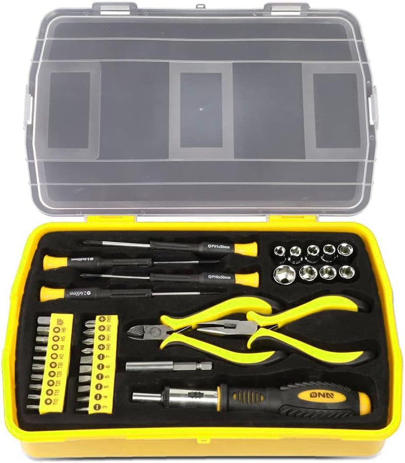 DNA Motoring TOOLS-00029 16 Piece Mechanic'S Home Repair Tool Set with Carrying Case, Includes Pliers, Wrench, Hex Key, Screwdriver, Spirit Level, and Tape Measurer, 1 Set, Yellow/Black