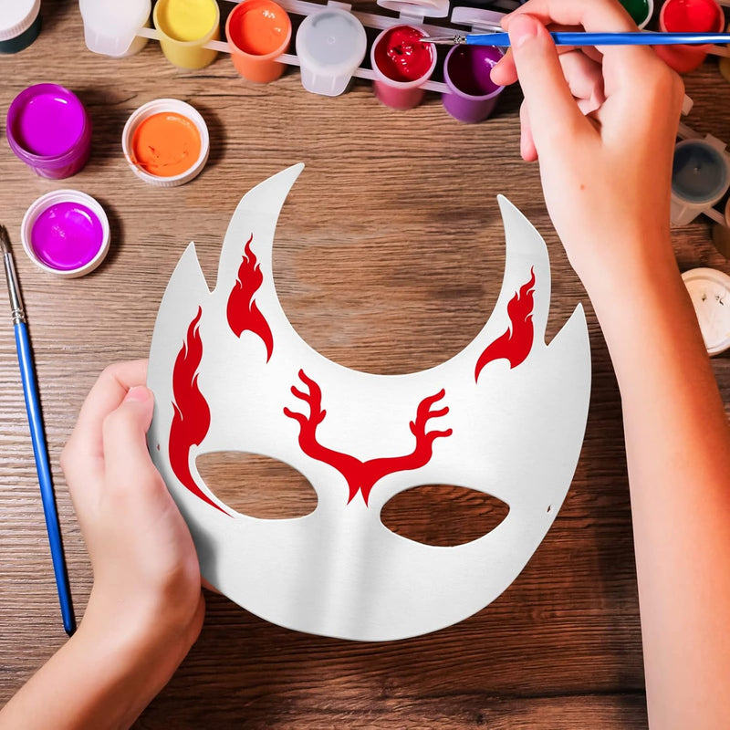 Elcoho 24 Pieces White Paper Masks Half Face Masquerade Masks DIY Hand Painted Masks with Tether Acrylic Paints Brushes Mardi Gras Masks for Halloween, Cosplay Party