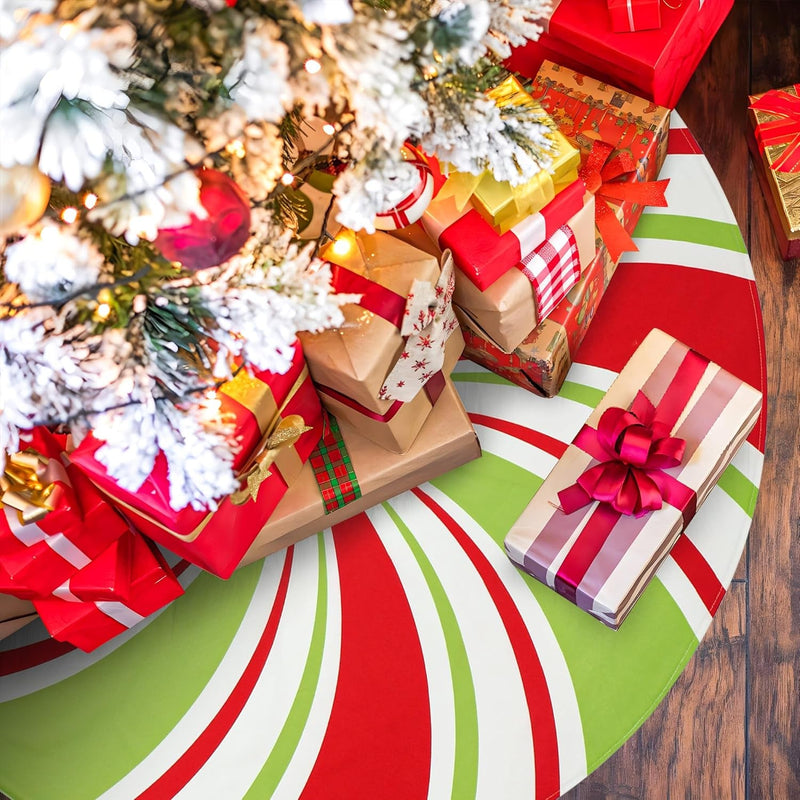 48 Inch Christmas Tree Skirt Peppermint Candy Tree Mat Large Christmas Red White and Green Tree Skirt Candy Swirl Stripe Tree Skirt for Xmas Holiday Home Party Ornament Rustic Farmhouse Decorations