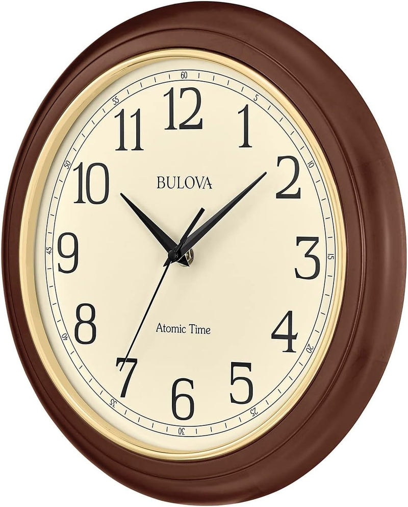 Bulova Wooden Atomic Analog Wall Clock, C5004 Atomic Time 2, Sets Automatically, Quartz Battery