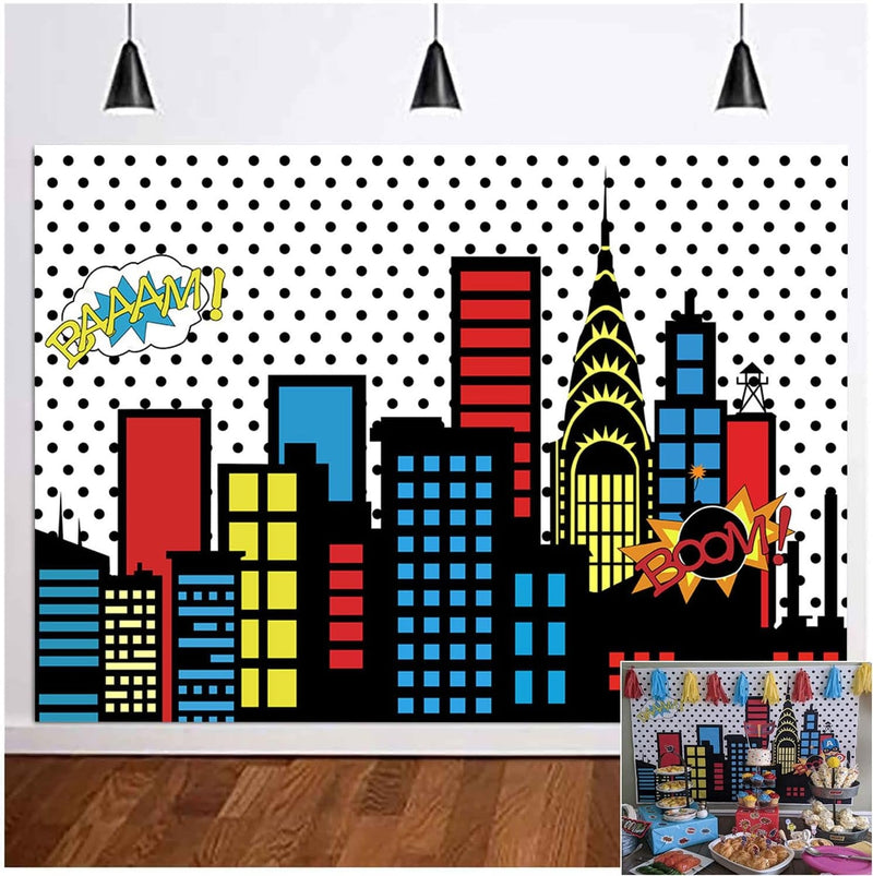 Art Studio 7X5Ft Superhero Super City Photography Backdrops Skyline Buildings City Boom Photo Background Children Birthday Party Banner Photo Studio Booth Cake Table Decor Vinyl