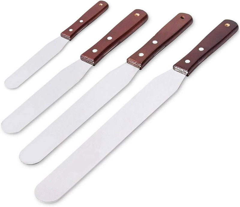 4PCS Straight Cake Icing Spatula Set 4” 6” 8” 10” Professional Stainless Steel Cake Decorating Frosting Spatulas with Wooden Handle (Straight)